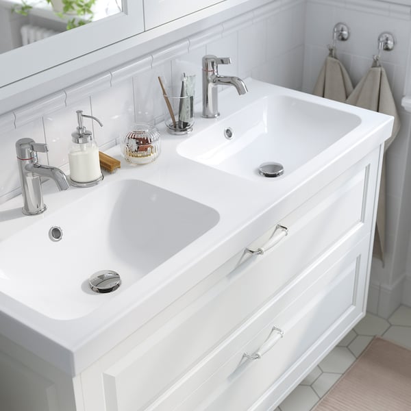 ORRSJÖN double wash-basin with water trap, white, 122x49 cm