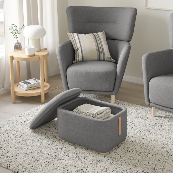 OSKARSHAMN footstool with storage, Tibbleby beige/grey, 57x40 cm