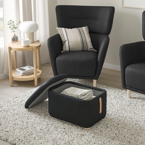 OSKARSHAMN wing chair with footstool, Gunnared black/grey