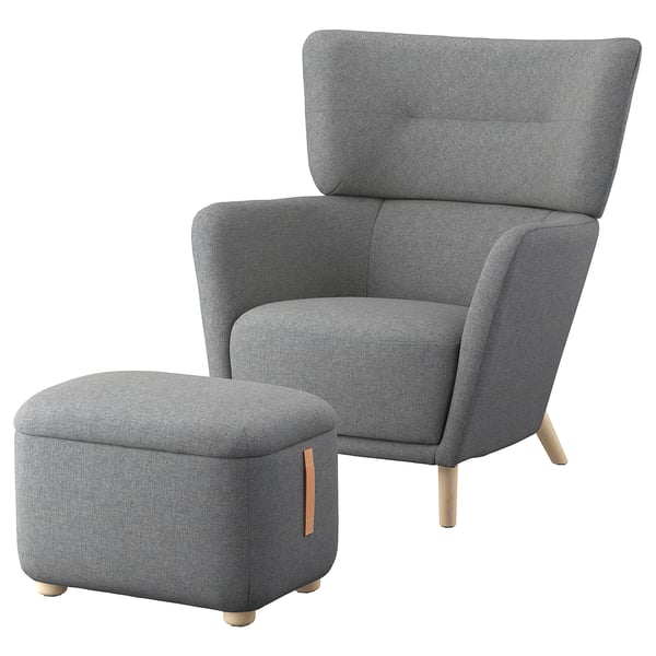 OSKARSHAMN wing chair with footstool, Tibbleby beige/grey