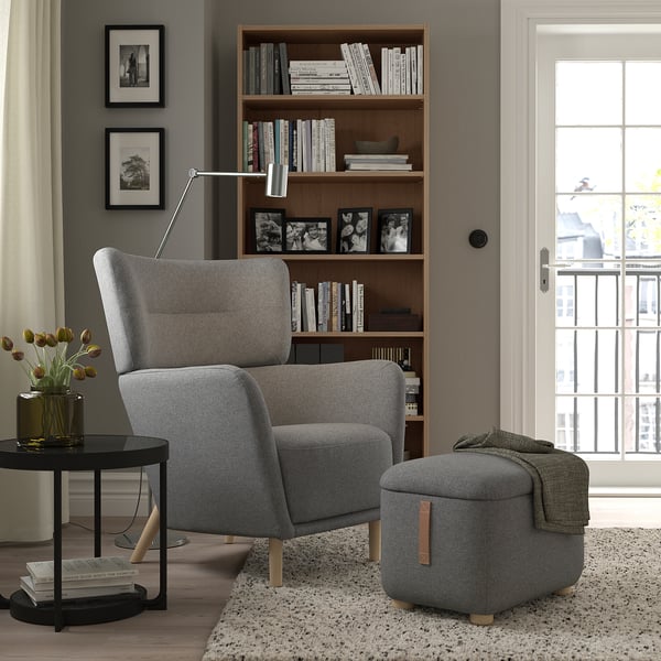 OSKARSHAMN wing chair with footstool, Tibbleby beige/grey