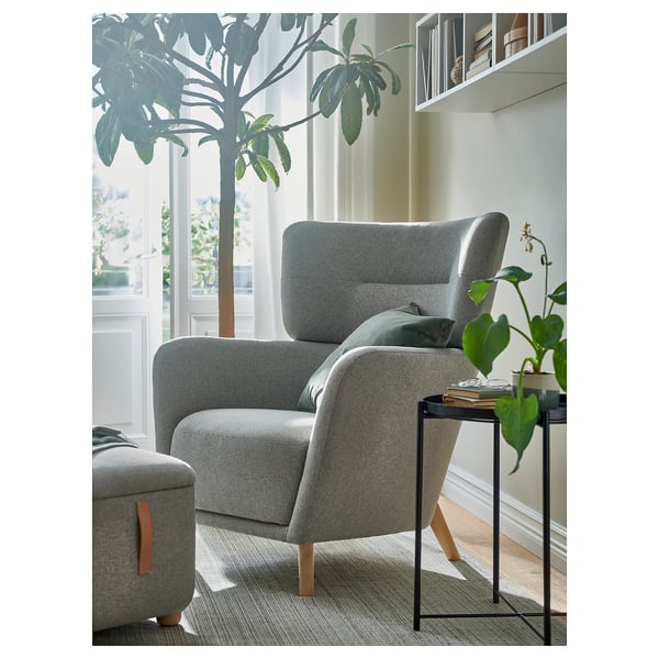 OSKARSHAMN wing chair with footstool, Tibbleby beige/grey