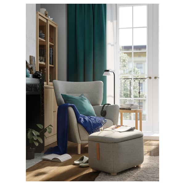 OSKARSHAMN wing chair with footstool, Tibbleby beige/grey
