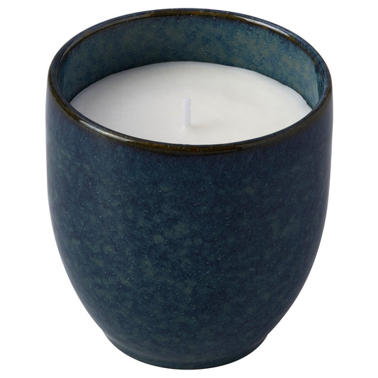 PÄRLHÖNA scented candle in ceramic jar, Bergamot & white tea blue, 40 hr