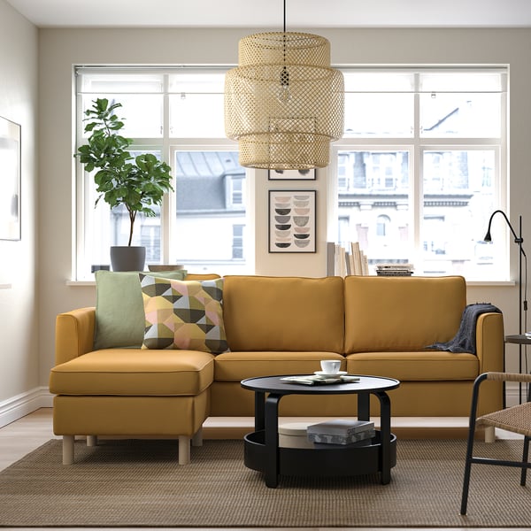PÄRUP - 3-seater sofa with chaise-longue, Vissle amber