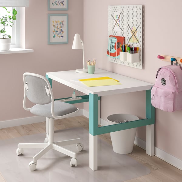 PÅHL desk, white/turquoise, 96x58 cm