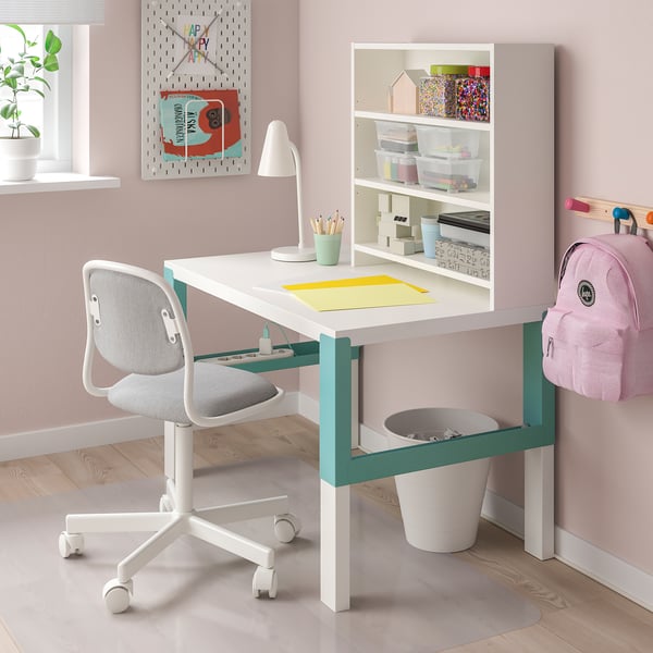 PÅHL - PÅHL Desk with shelf unit, white/turquoise, 96x58 cm