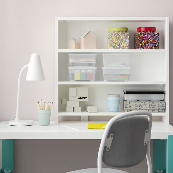 PÅHL desk with shelf unit, white/turquoise, 96x58 cm