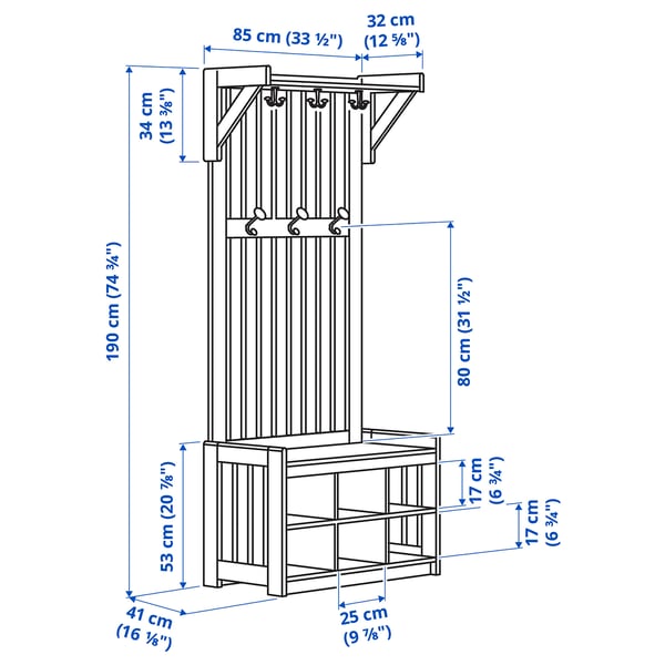 PANGET coat rack with shoe storage bench, white, 85x41x200 cm