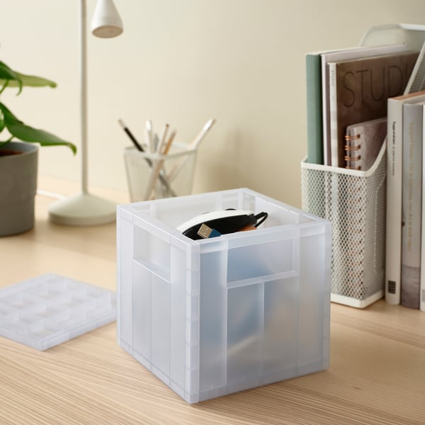 PANSARTAX storage box with lid, transparent grey-blue, 16.5x16.5x16.5 cm
