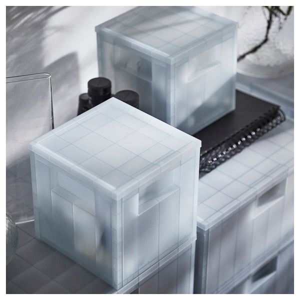 PANSARTAX storage box with lid, transparent grey-blue, 16.5x16.5x16.5 cm