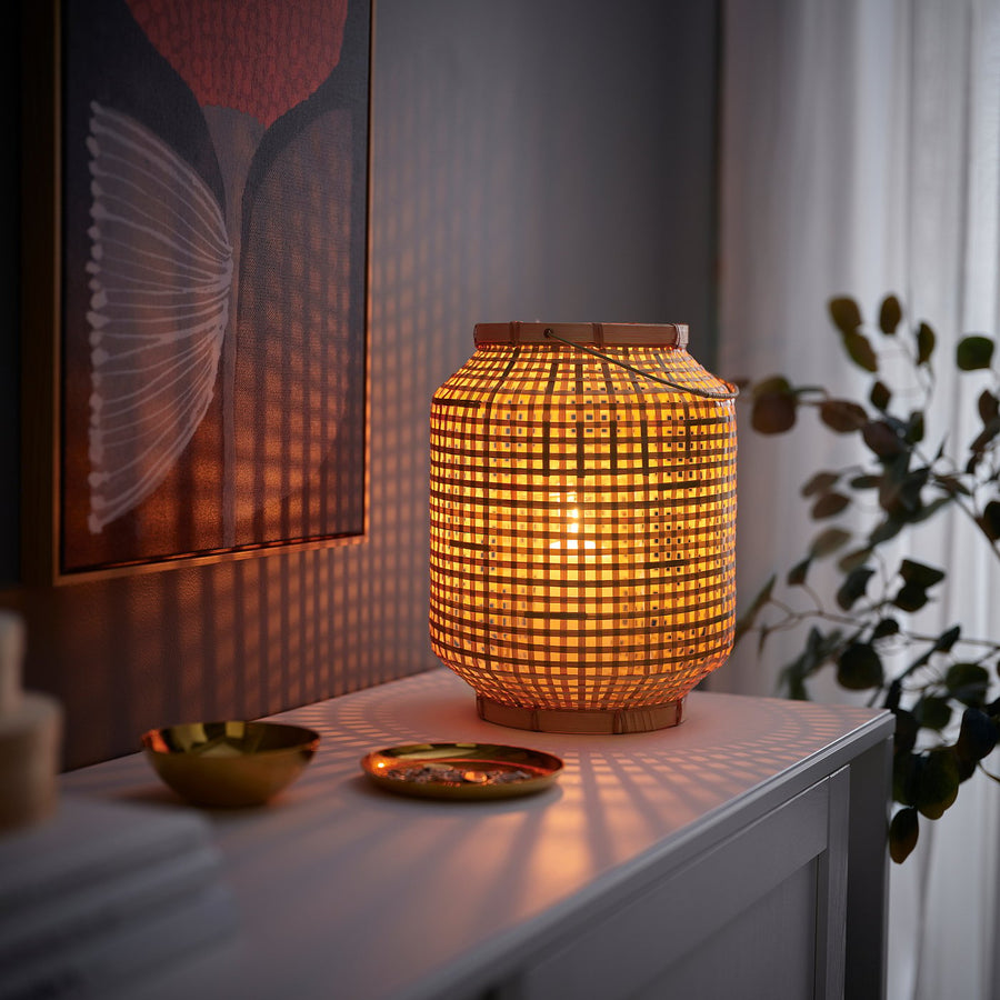 PÅVEFINK lantern for pillar candle, bamboo, 33 cm