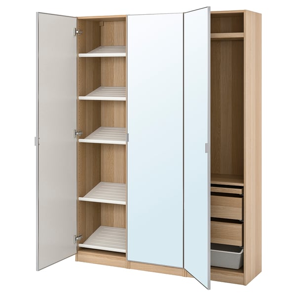PAX / ÅHEIM wardrobe combination, white stained oak effect/mirror glass, 150x38x201 cm