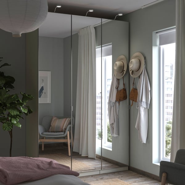 PAX / ÅHEIM wardrobe combination, grey-beige/mirror glass, 150x60x236 cm