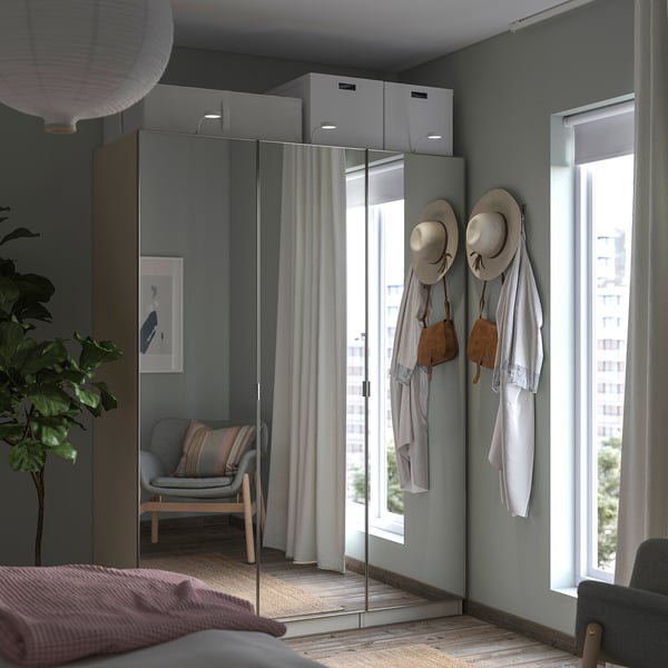 PAX / ÅHEIM wardrobe combination, grey-beige/mirror glass, 150x60x201 cm