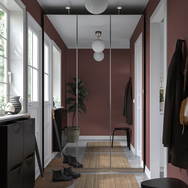 PAX / ÅHEIM wardrobe combination, grey-beige/mirror glass, 150x60x236 cm