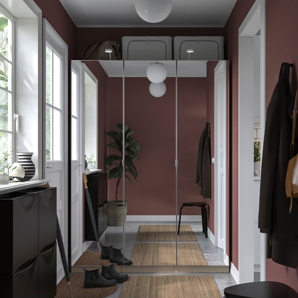 PAX / ÅHEIM wardrobe combination, grey-beige/mirror glass, 150x60x201 cm
