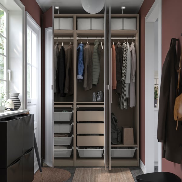 PAX / ÅHEIM wardrobe combination, grey-beige/mirror glass, 150x60x236 cm