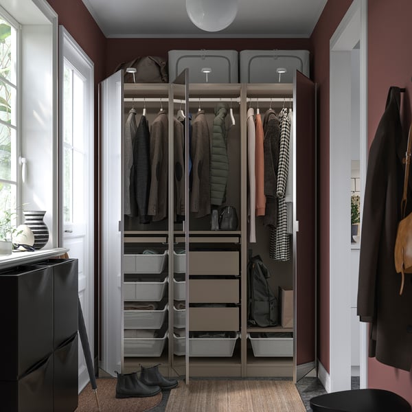 PAX / ÅHEIM wardrobe combination, grey-beige/mirror glass, 150x60x201 cm