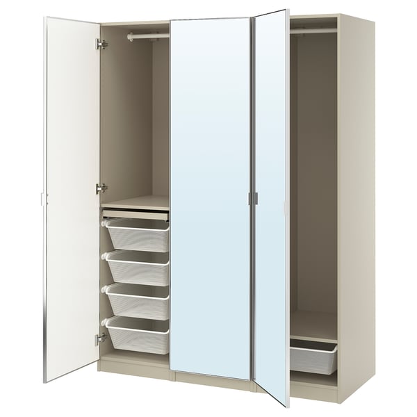 PAX / ÅHEIM wardrobe combination, grey-beige/mirror glass, 150x60x201 cm