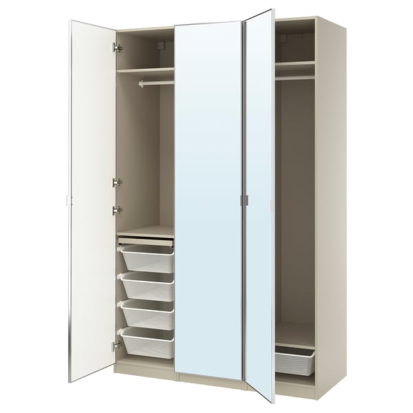 PAX / ÅHEIM wardrobe combination, grey-beige/mirror glass, 150x60x236 cm