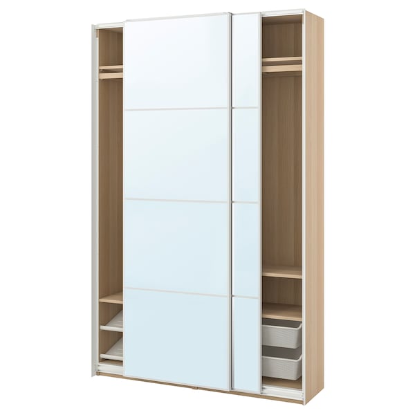 PAX / AULI - Wardrobe with sliding doors, oak effect with white stain/mirrored glass,150x44x236 cm