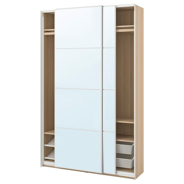 Ikea PAX / AULI - Wardrobe with sliding doors, oak effect with white stain/mirrored glass,150x44x236 cm