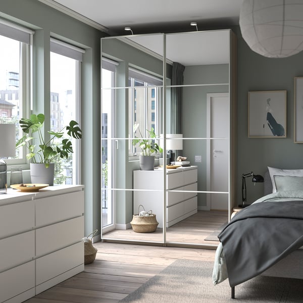 PAX / AULI - Wardrobe with sliding doors, oak effect with white stain/mirrored glass,150x44x236 cm
