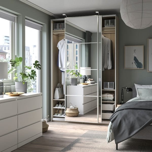 Ikea PAX / AULI - Wardrobe with sliding doors, oak effect with white stain/mirrored glass,150x44x236 cm