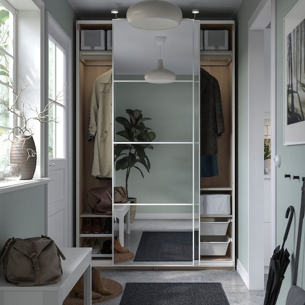Ikea PAX / AULI - Wardrobe with sliding doors, oak effect with white stain/mirrored glass,150x44x236 cm
