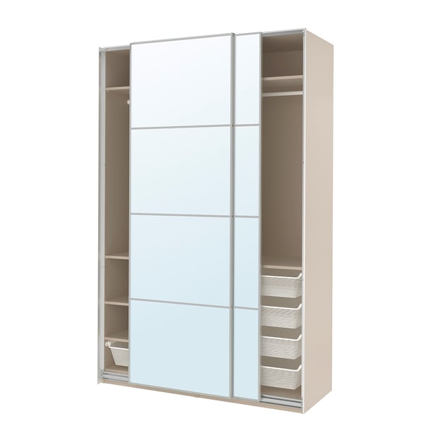 PAX / AULI wardrobe with sliding doors, grey-beige/mirror glass, 150x66x236 cm