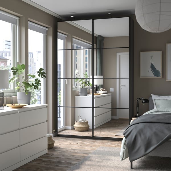 PAX / AULI - Wardrobe with sliding doors, dark grey/mirrored glass,150x44x236 cm