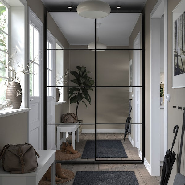 PAX / AULI - Wardrobe with sliding doors, dark grey/mirrored glass,150x44x236 cm