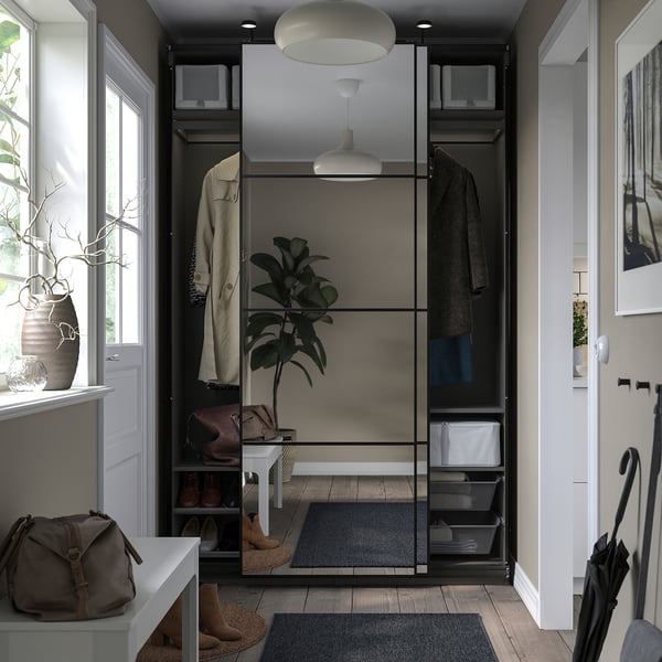 PAX / AULI - Wardrobe with sliding doors, dark grey/mirrored glass,150x44x236 cm