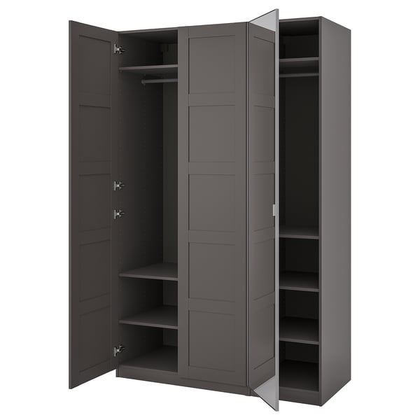 PAX / BERGSBO/ÅHEIM wardrobe combination, dark grey dark grey/mirror glass, 150x60x236 cm