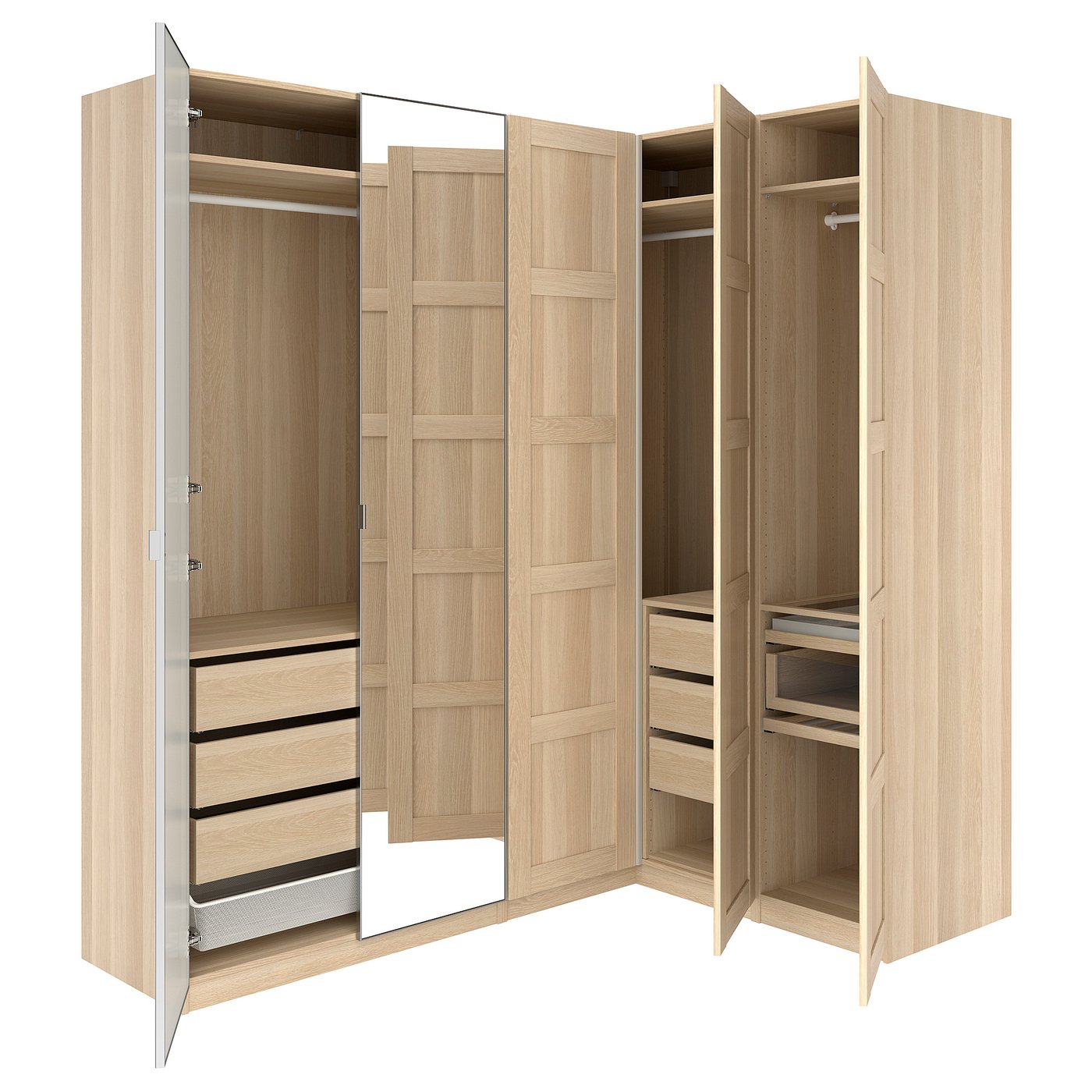 PAX / BERGSBO/ÅHEIM corner wardrobe, white stained oak effect/oak veneer, 211/161x236 cm