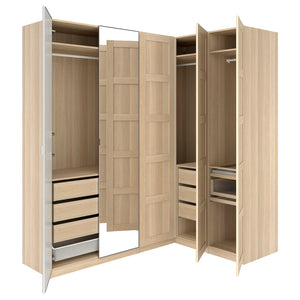 PAX / BERGSBO/ÅHEIM corner wardrobe, white stained oak effect/oak veneer, 211/161x236 cm