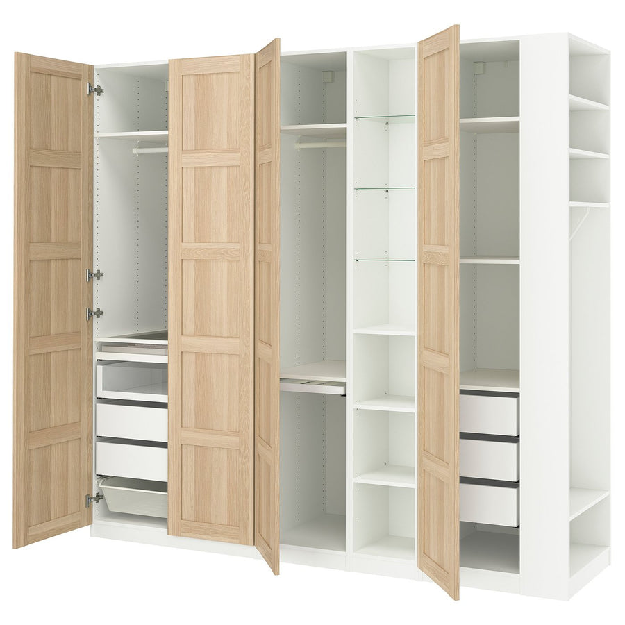 PAX / BERGSBO wardrobe combination, white white stained oak effect/white, 255x60x236 cm