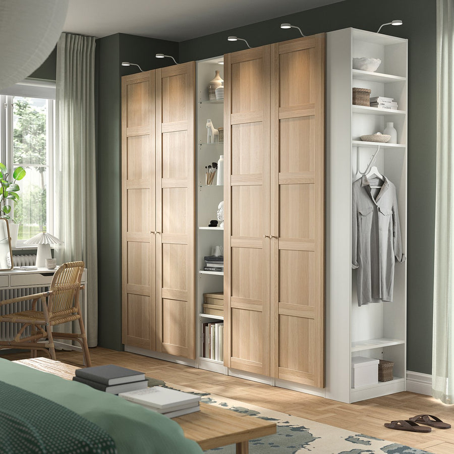 PAX / BERGSBO wardrobe combination, white white stained oak effect/white, 255x60x236 cm