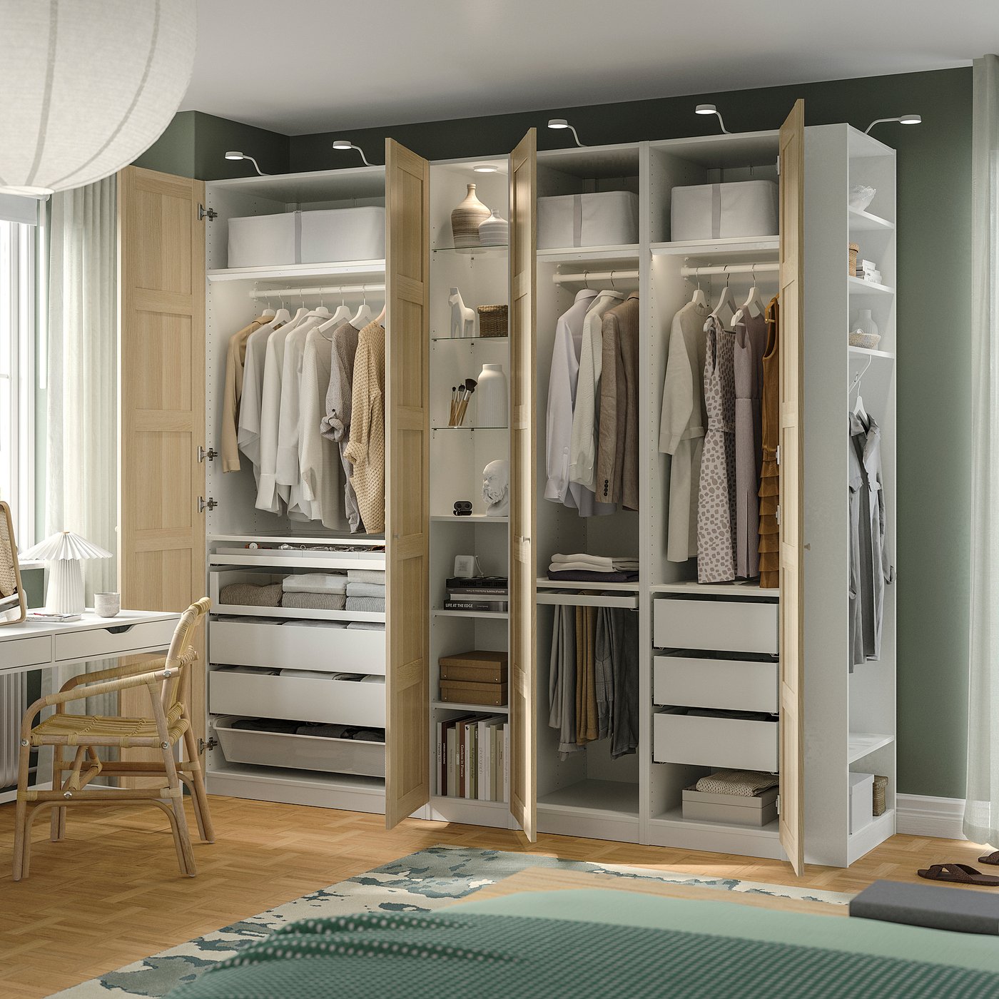 PAX / BERGSBO wardrobe combination, white white stained oak effect/white, 255x60x236 cm