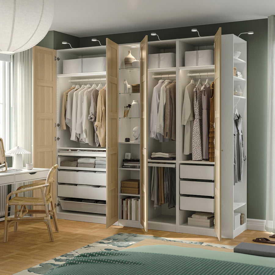 PAX / BERGSBO wardrobe combination, white white stained oak effect/white, 255x60x236 cm