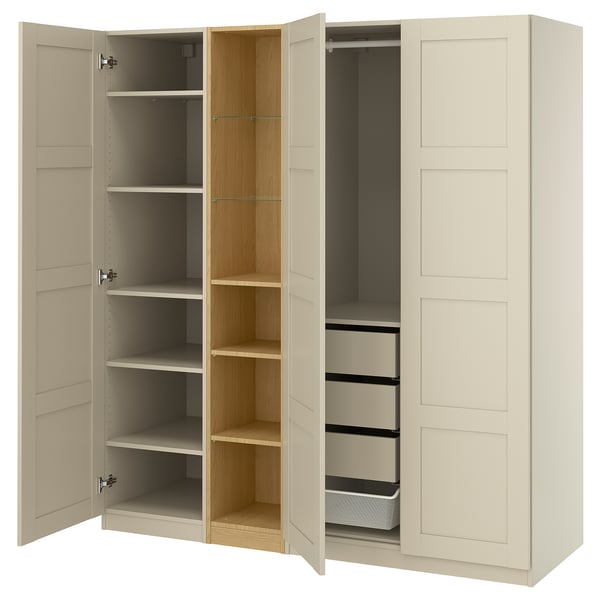 PAX / BERGSBO wardrobe combination, grey-beige grey-beige/oak effect, 185x60x201 cm