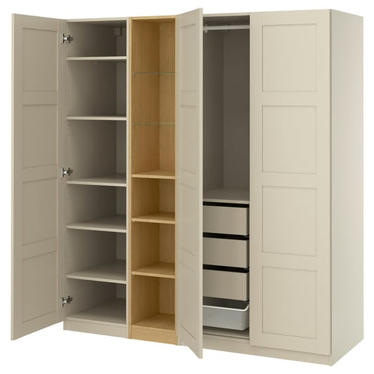 PAX / BERGSBO wardrobe combination, gray-beige gray-beige/oak effect, 185x60x201 cm Wardrobe combination, gray-beige gray-beige/oak effect,185x60x201 cm