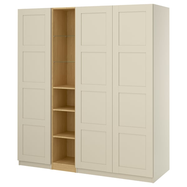 PAX / BERGSBO wardrobe combination, grey-beige grey-beige/oak effect, 185x60x201 cm
