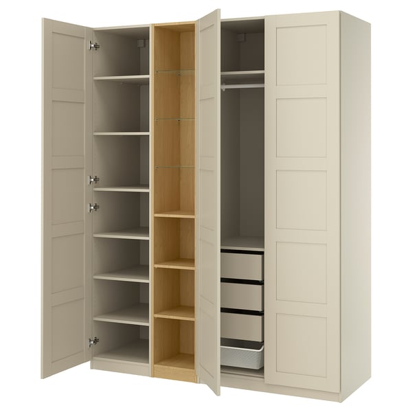 PAX / BERGSBO wardrobe combination, gray-beige gray-beige/oak effect, 185x60x236 cm Wardrobe combination, gray-beige gray-beige/oak effect,185x60x236 cm
