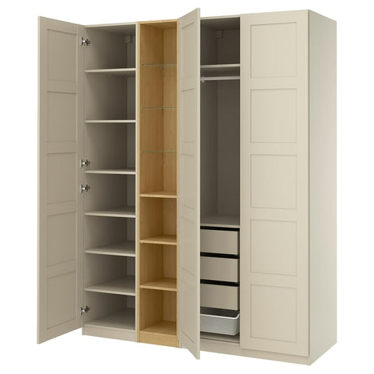 PAX / BERGSBO wardrobe combination, gray-beige gray-beige/oak effect, 185x60x236 cm Wardrobe combination, gray-beige gray-beige/oak effect,185x60x236 cm