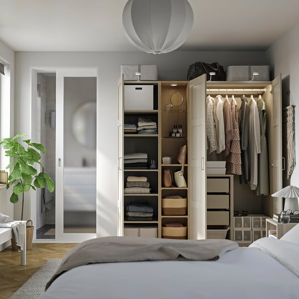 PAX / BERGSBO wardrobe combination, gray-beige gray-beige/oak effect, 185x60x201 cm Wardrobe combination, gray-beige gray-beige/oak effect,185x60x201 cm