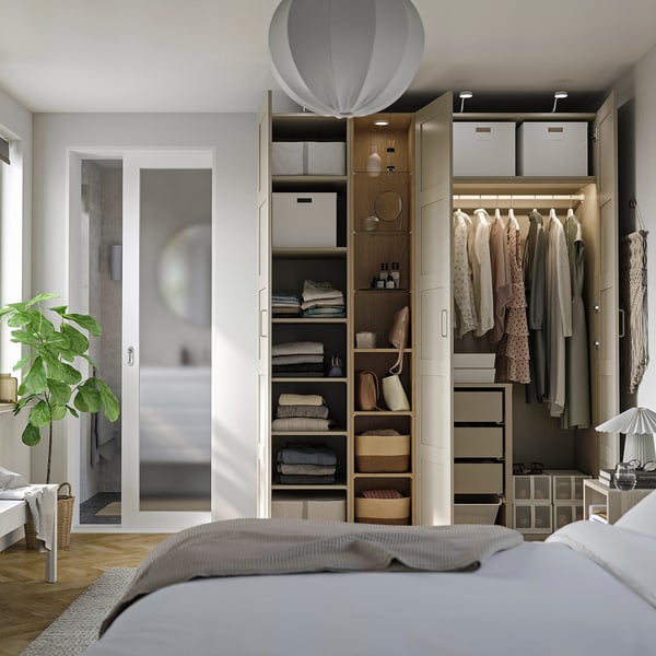 PAX / BERGSBO wardrobe combination, gray-beige gray-beige/oak effect, 185x60x236 cm Wardrobe combination, gray-beige gray-beige/oak effect,185x60x236 cm