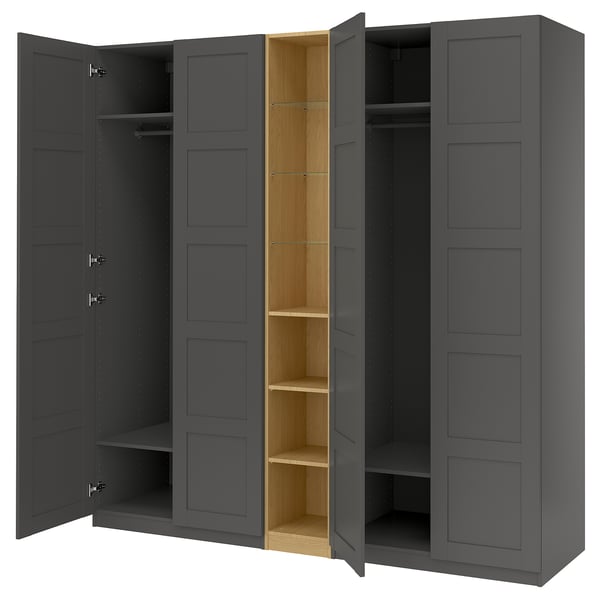PAX / BERGSBO wardrobe combination, dark grey dark grey/oak effect, 235x60x236 cm