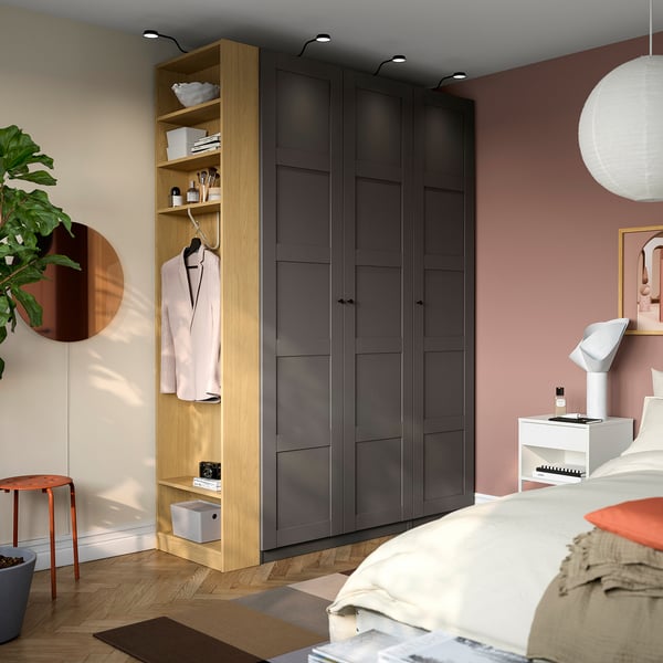PAX / BERGSBO wardrobe combination, dark grey dark grey/oak effect, 170x60x236 cm